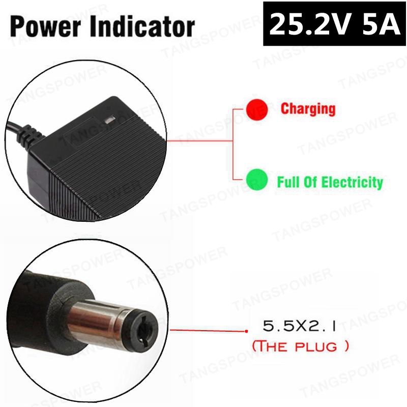 

25.2V 5A Lithium Battery Charger For 6Series 21.6V Li-ion Battery Pack 150W High Power Charger DC 5.5*2.1mm Connector With Fan KR