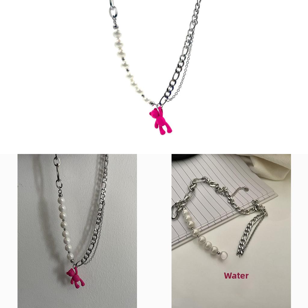 Pink Bear Pendant Necklace For Women Girls Cute Animal Jewelry With Pearl Chain