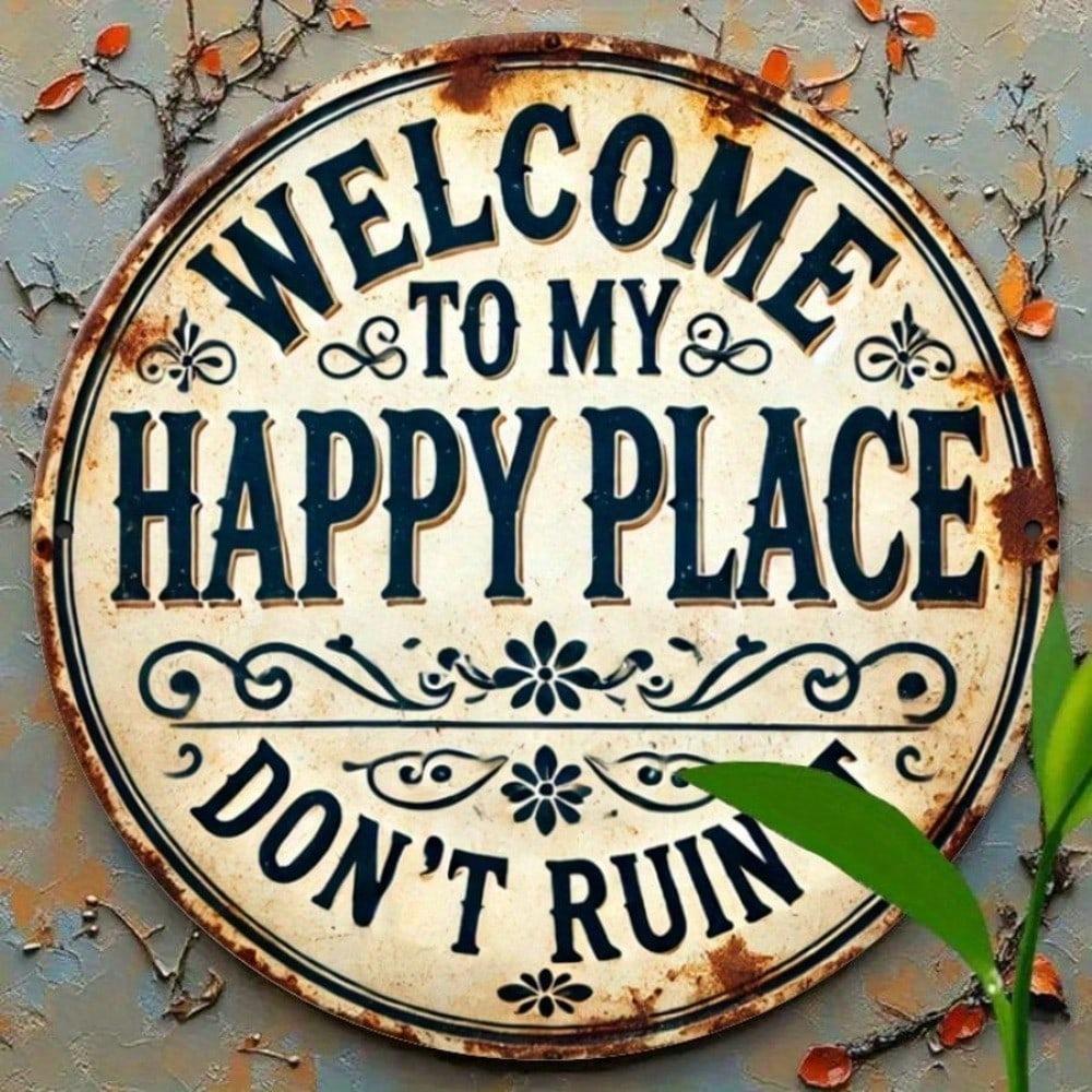 Vintage Style Happy Place Round Metal Sign Wall Art Home Decor Gift