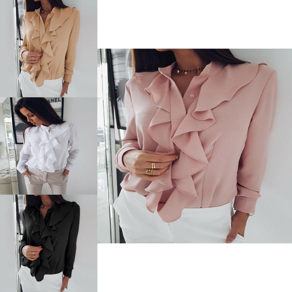 Elegant Womens Ruffle Summer Long Sleeve Solid Plain Blouse Shirt For Office Wear