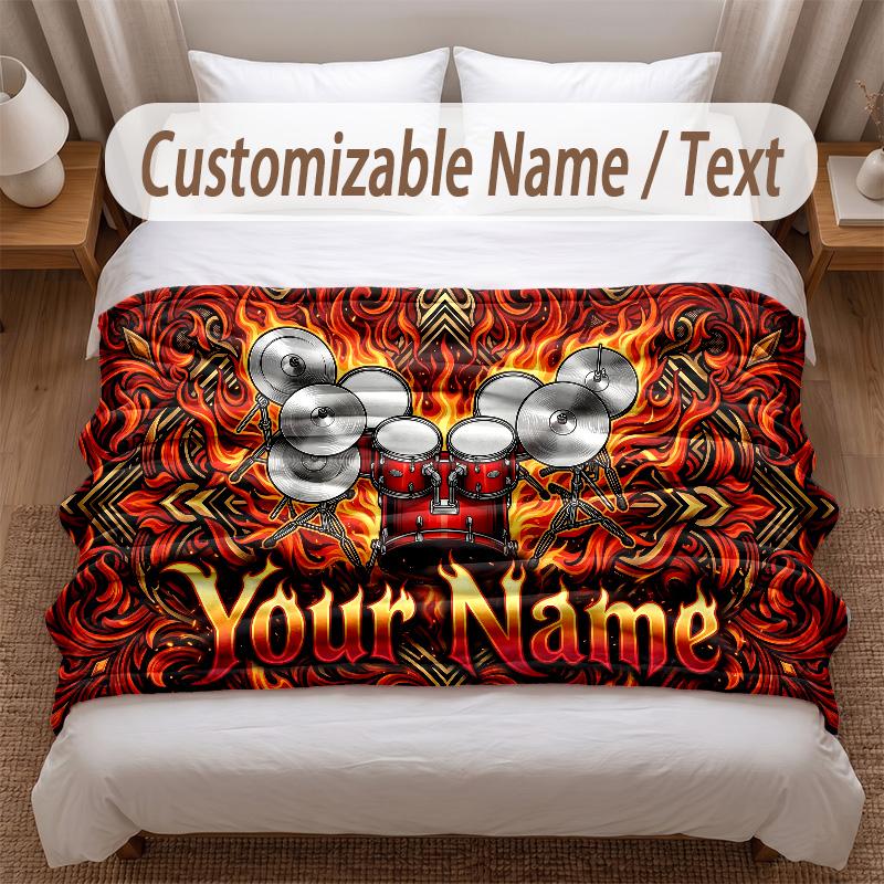 Music Drums Theme Soft Blanket Personalized Custom Name Text Print Warm Blanket Home Sofa Bedroom Decor