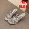 High heels women's new transparent one-word strap crystal heel slippers round head waterproof table outer slippers in summer 2025