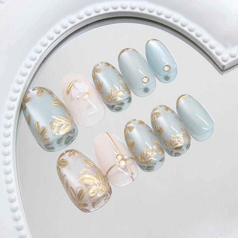 Ins 24pcs Removable Wearable Nails Golden Leaves Cat's Eye Gilded Flower Pearl Full Coverage Nail Tips for Women&Girl New