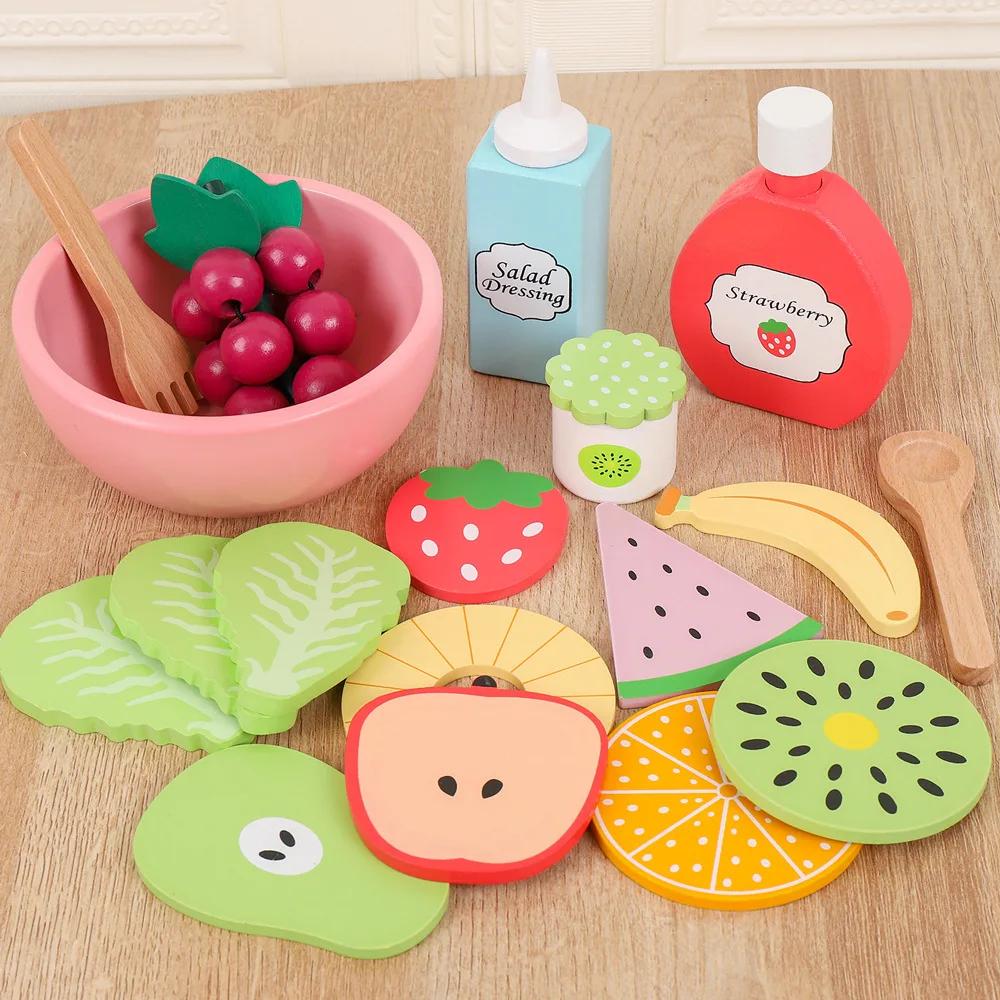 Non-Toxic Kitchen Toy High Quality Pretend Play Kids Simulation Wooden Food Salad Set Creative Wooden Fruit Toy Early Education Play House