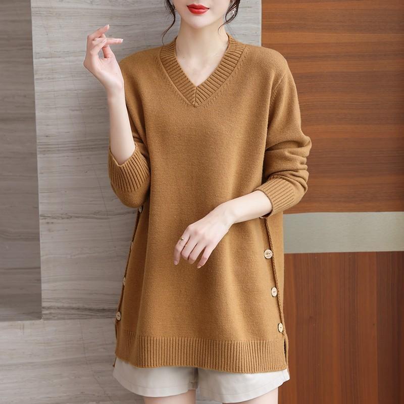 Autumn and Winter Plus Size V-neck Mid-length Bottoming Shirt Loose Solid Color Thick Knitted Sweater Women's Trend