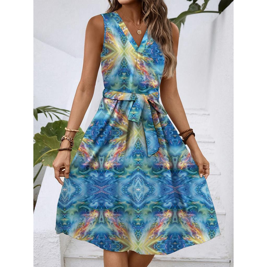 Women's Spring And Summer Casual V-Neck Sleeveless Waist Floral Print Midi Dress