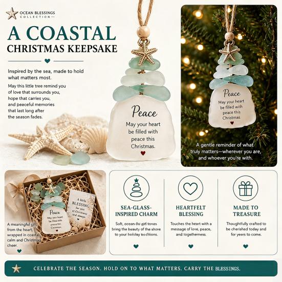 Christmas Tree Decor Sea Glass Ornament, Seaglass Art Hanging with Starfish Charm, Acrylic Ornaments Peace Love Joy Faith Family Friends Hope Pendant