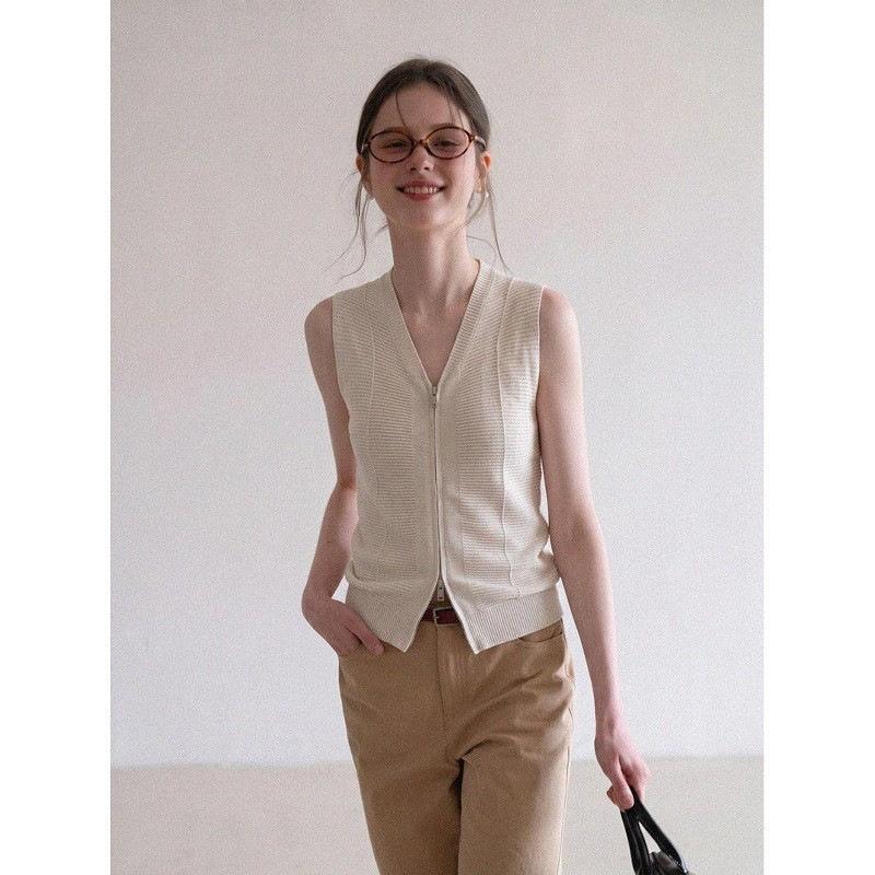 Old money wind zipper v-neck knitted sweater vest vest women's summer wear high-end sense thin sleeveless cardigan top