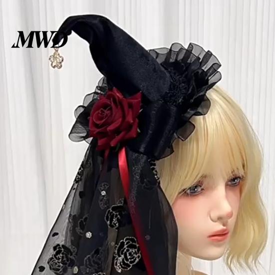 Halloween Costume Accessories Witch Hat with Rose for Women, Gothic Vintage Mini Wizard Spooky Party Decorations Headpiece Veil Costume, Dress