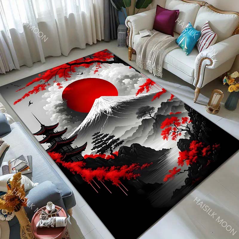 1PC Red Sun Mount Fuji Maples Pagoda Print Carpet for Living Room Bedroom Sofa Home Decor Rus Non-slip Floor Mat Luxury Gift