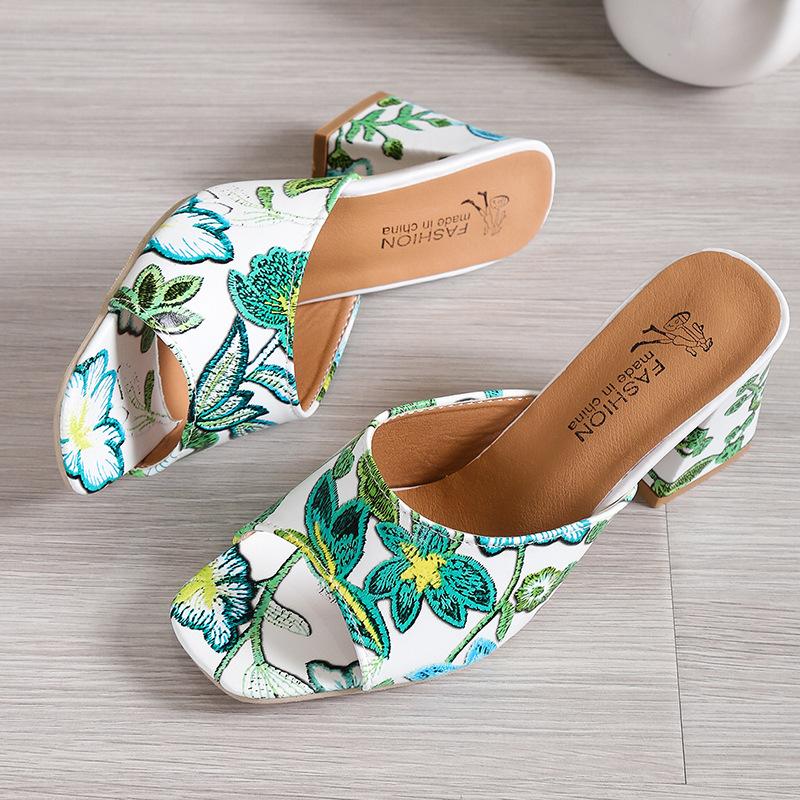 Thick heel one-word slippers women's outer wear summer fashion sandals printed high heel outdoor square head women's sandals