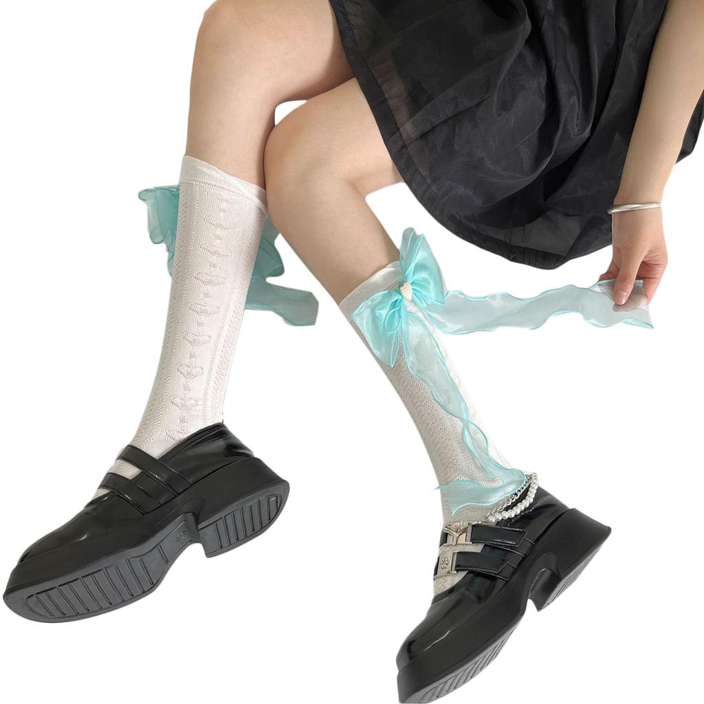 Womens Knee Length Sock Ribbon Bows Tie Stocking Hollows Lacy Bows Tie Long Fishnet Mesh Ballet Style Sock for Summer