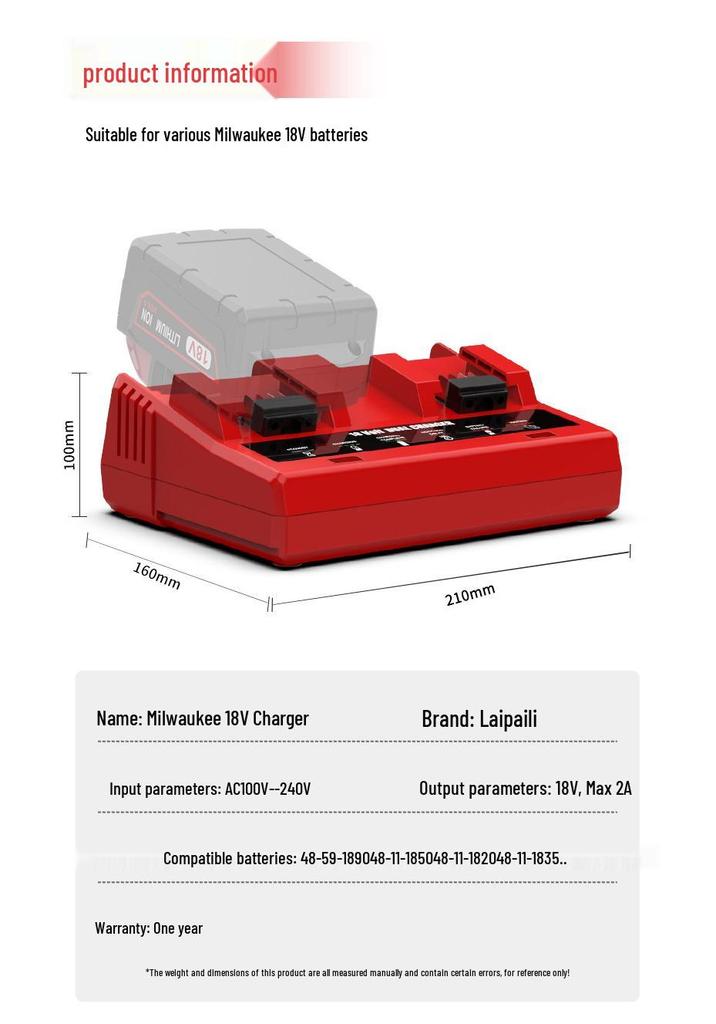 Milwaukee-Compatible Dual Slot Fast Charger for M18 Power Tools (3A)