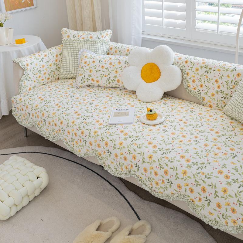 Four Seasons Universal Cotton Printed Washed Sofa Cushion Korean Style Pastoral Wavy Edge Non-Slip Sofa Cushion Towel Full Covered