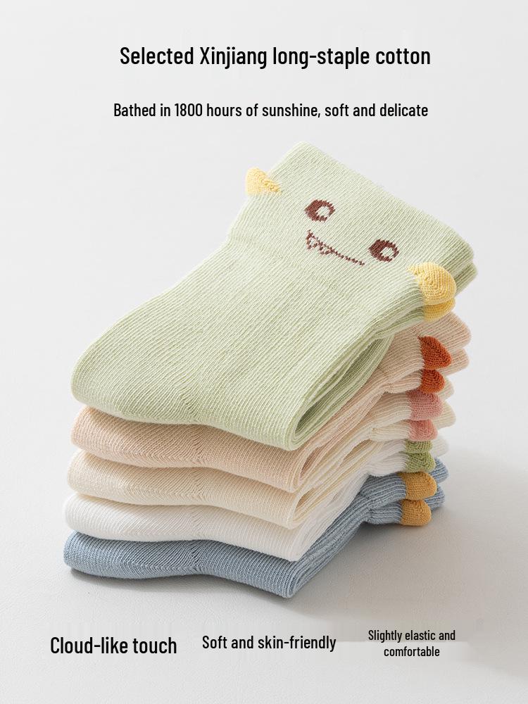 Spring & Summer Thin Combed Cotton Baby Socks, 0-1 Year, Cartoon 3D, Seamless Mid-Calf with Loose Cuff