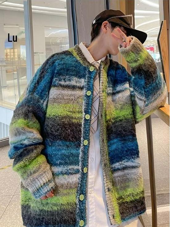Men's Retro Gradient Color Block Cardigan - Trendy Autumn/Winter Knitwear