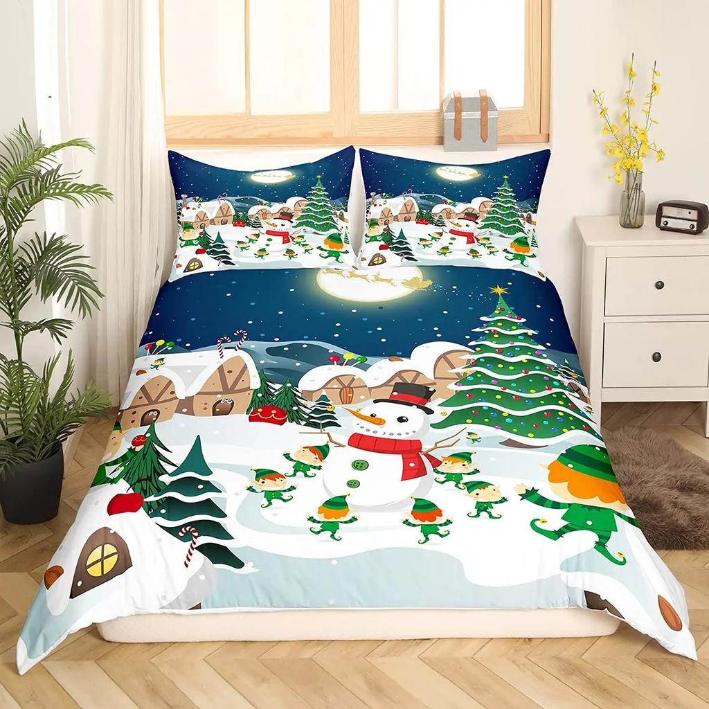 Weihnachten Schneemann König Königin Bettbezug Kinder Cartoon Bettdeckenbezug Weiß Winter Schneeflocke Bettwäsche Set Polyester Bettdeckenbezug