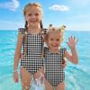 Girls One Piece Swimsuit Plaid Print Sleeveless Ruffled Shoulder Swimwear Kids Casual Summer Bathing Suit
