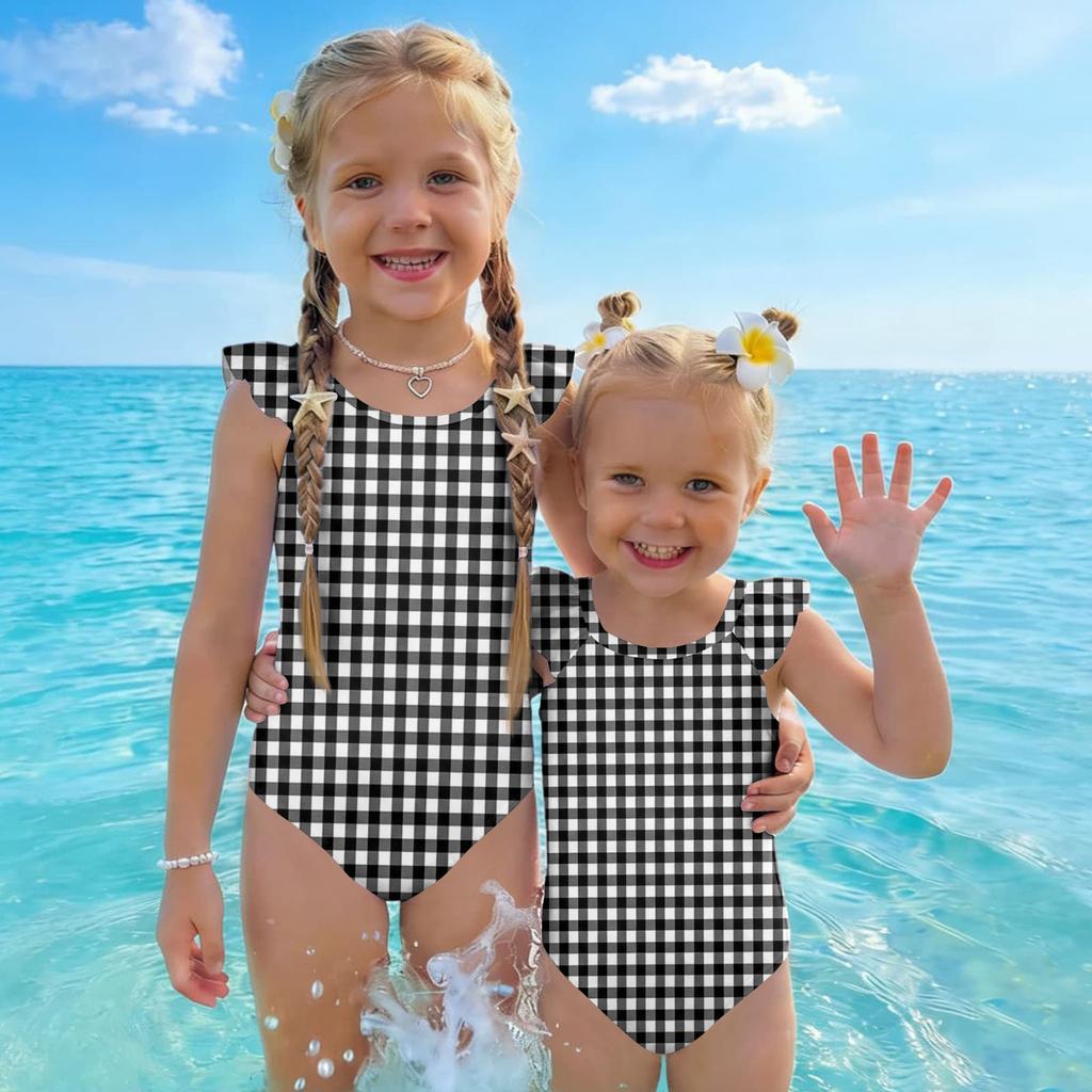 Girls One Piece Swimsuit Plaid Print Sleeveless Ruffled Shoulder Swimwear Kids Casual Summer Bathing Suit
