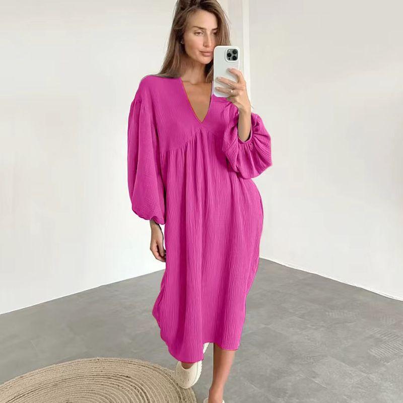 

Fashion Style 2023 New Arrival Women s Clothing Long Sleeves V Neck Loose Dress Pajamas V-Neck Loose Dress Rose Red M