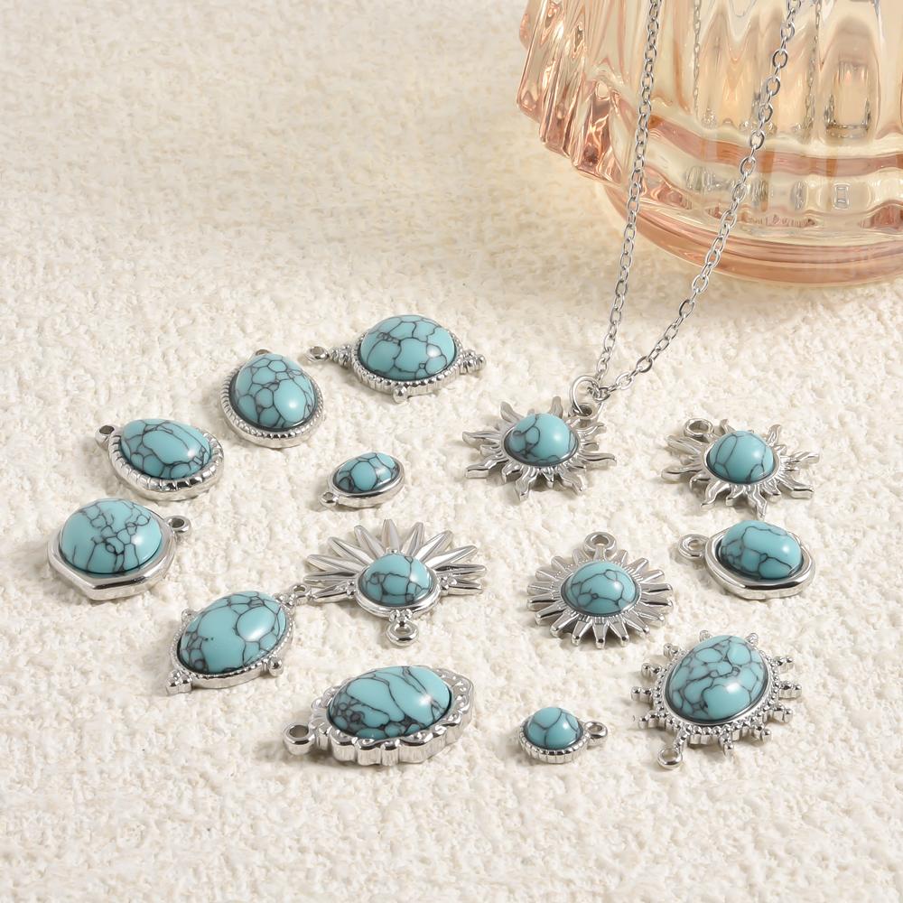 DIY Vintage Sun Oval Charm Stainless Steel Pendants For Jewelry Making Supplies Turquoise Charm Necklace Earrings Decor Findings