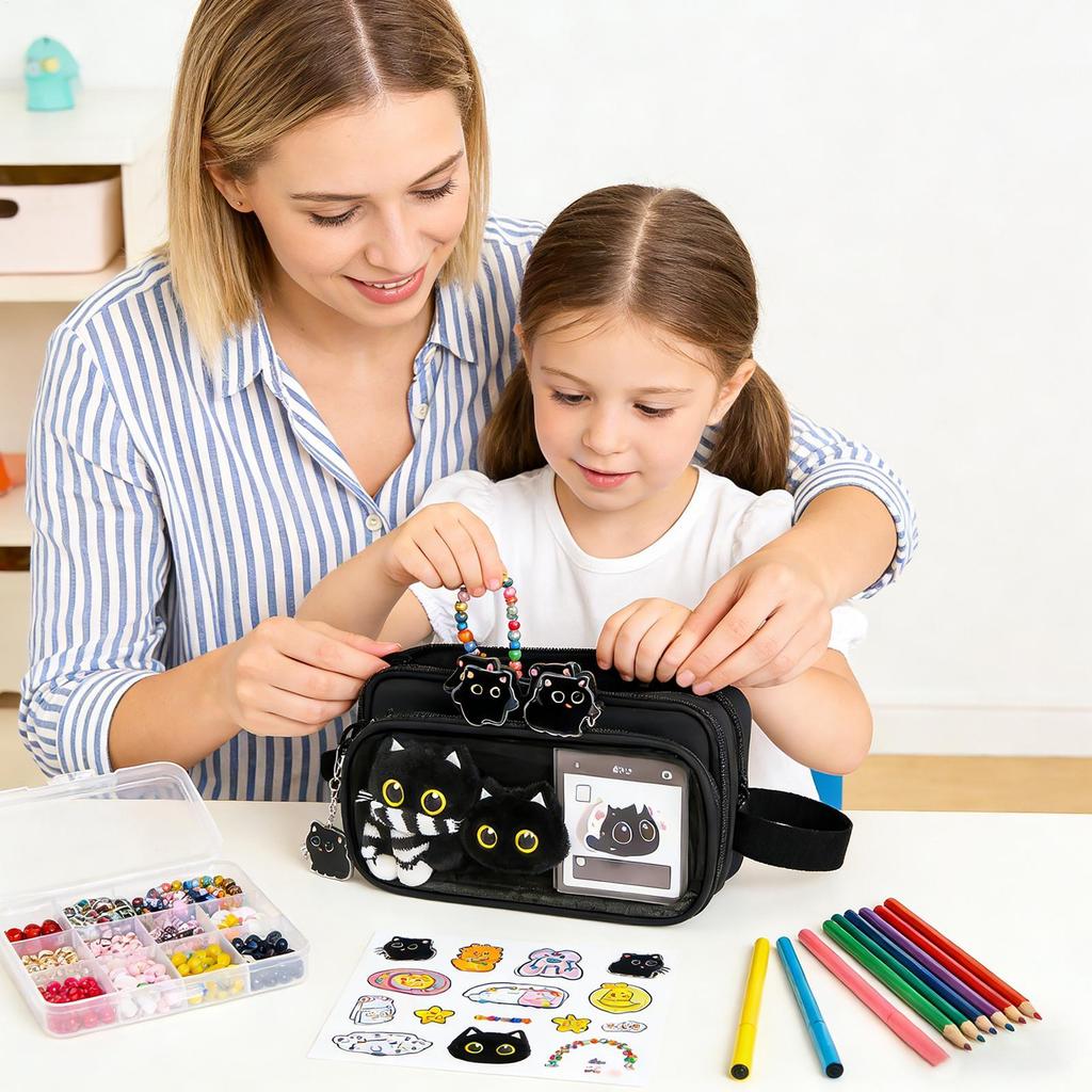 Astuccio Portapenne Gatto Carino con 10 Scomparti, Organizer per Cancelleria ad Ampia Capacità con Adesivi e Penne Gel, Astuccio per Penne Materiale Scolastico
