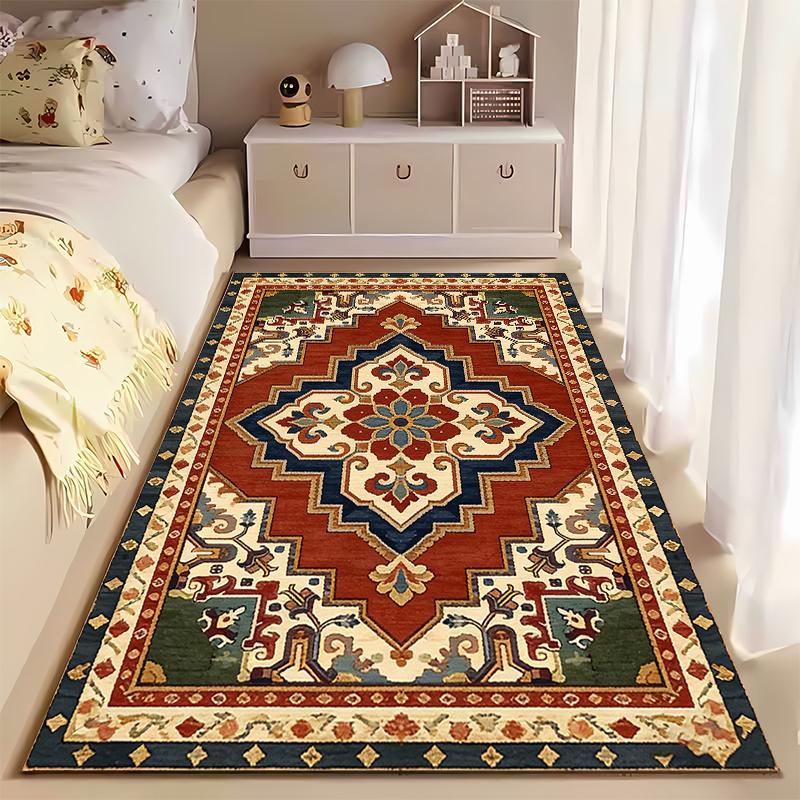 Vintage Bohemian Area Rug with Red Geometric Floral Pattern Design Suitable for Use As an Anti-slip for Living Room Bedroom Sofas