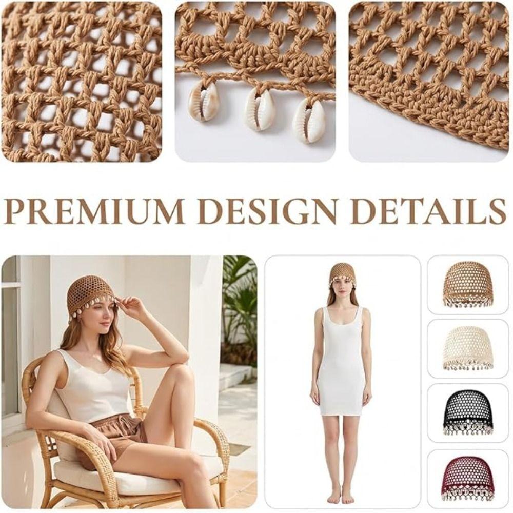 Cotton Crochet Shell Beanie Hat Breathable Hollow Out Knit Cap Summer Headwear Daily Wear
