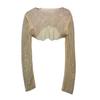 Women Crop Top Rhinestone Decor Hollow Out Short See-through Long Sleeve Round Neck Waist-exposed Clubwear Party Top