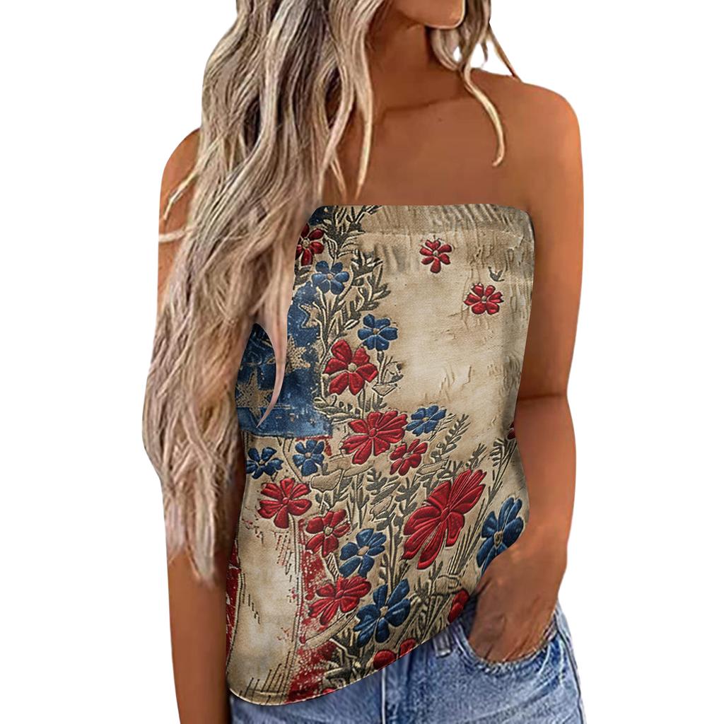 Women's Summer Sexy Strapless Off-Shoulder Elastic Band Design Independence Day Print Top