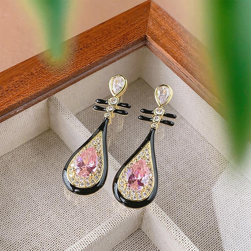 National Style Black Pipa Earrings Women'S Light Luxury Advanced Sense Niche Retro Temperament Earrings Women