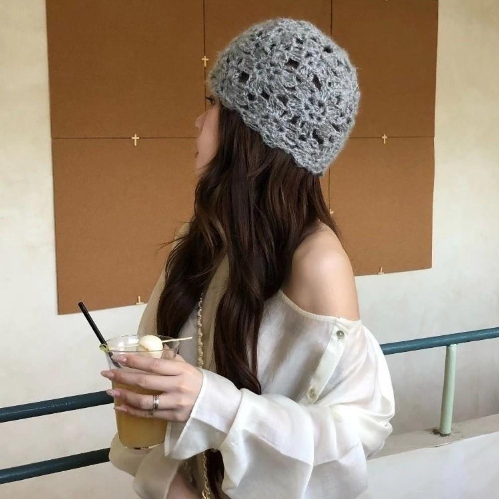 Hollow Knitted Pullover Hat Solid Color Beanies Cap Cute Crochet Flower Hat  Girls