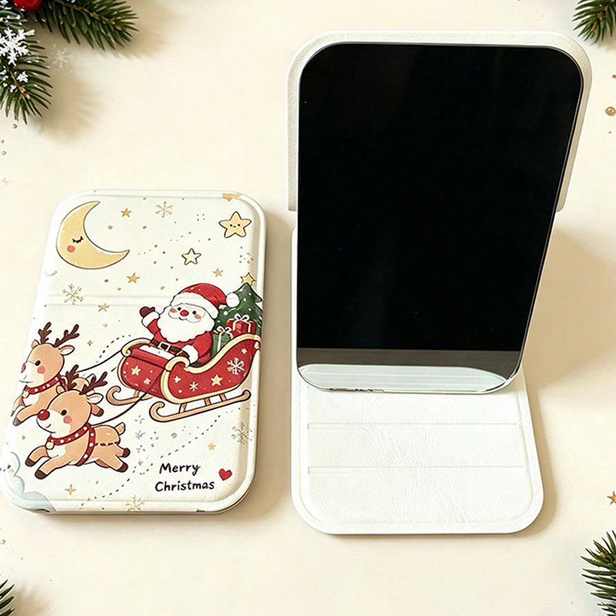 Portable Christmas Carriage Vanity Mirror with Santa Claus Design