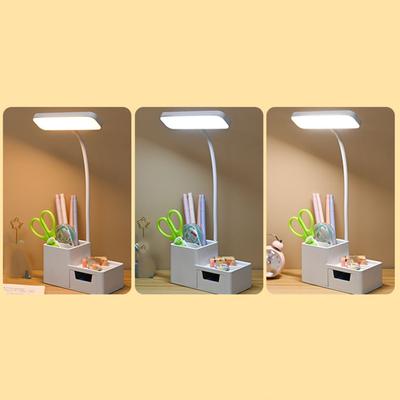 Small LED Desk Lamp Dimmable Eye Caring LED Table Light with Pen Phone Holder for Bedroom Office USB Plug In
