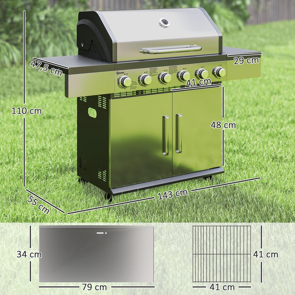 Gas Grill 8500BTU Grill Cart Incl. 6 Stainless Steel Burners, Thermometer, Pressure Regulator, 143 X 55 X 110 Cm, Silver