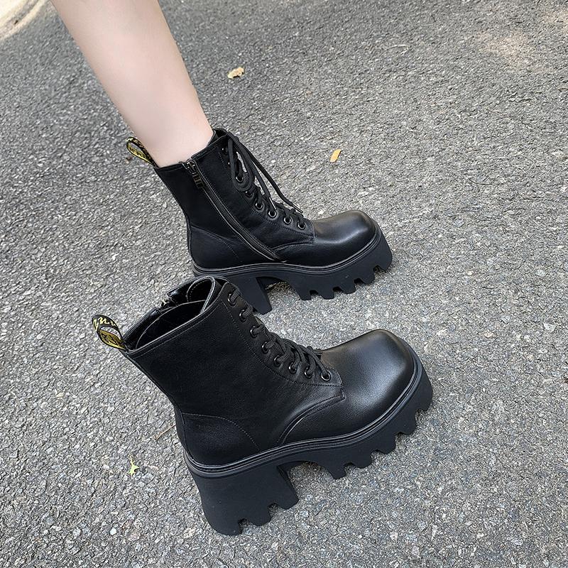 Modische Damenmode Klobige Einzelstiefel Herbst Neu Runde Spitze Vorderer Riemen Dicke Sohle Anti-Rutsch Abriebfest Kurzstiefel