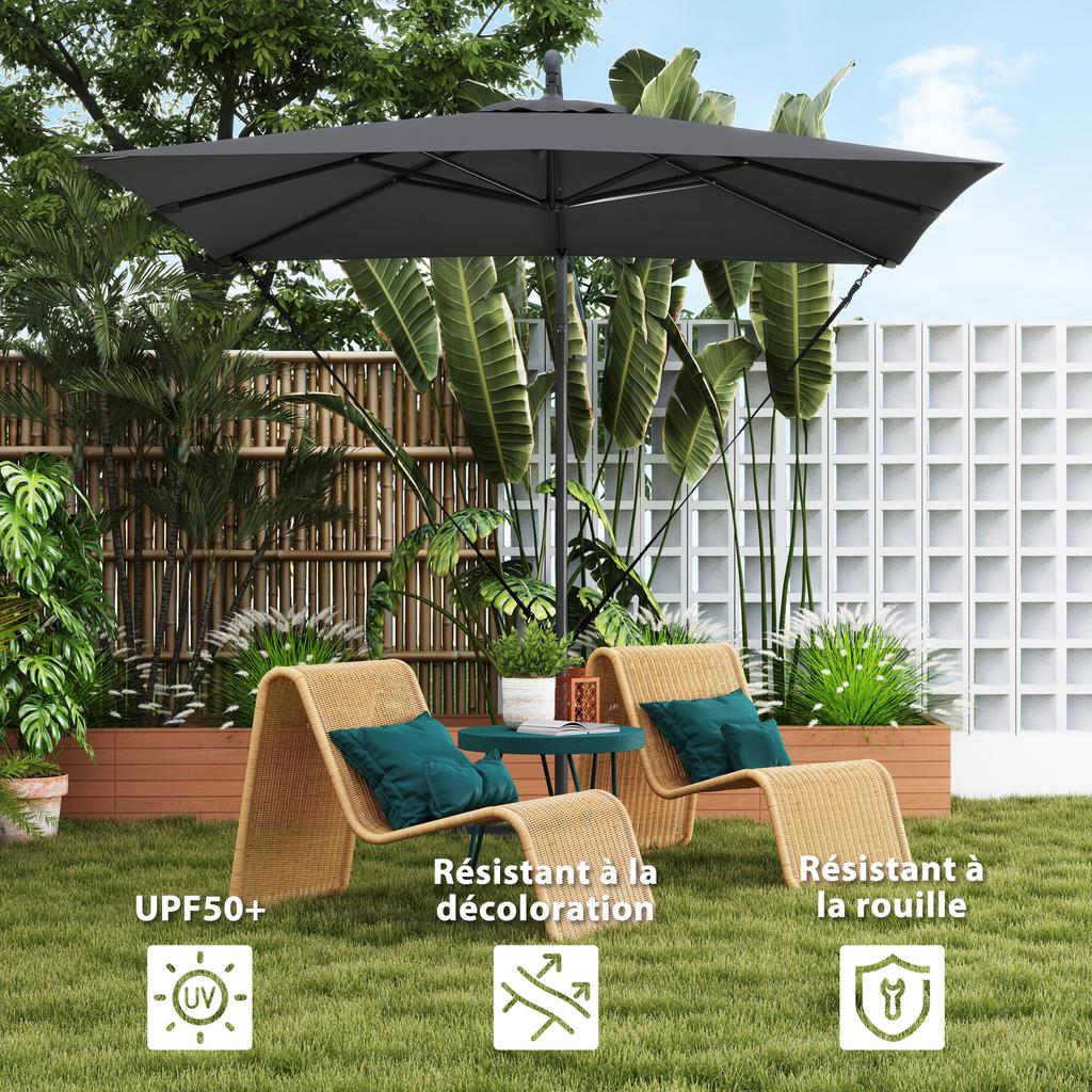 Cantilever Parasol, Adjustable Canopy, 8 Ribs, Crank, 2.5 x 2.5 m, Dark Grey