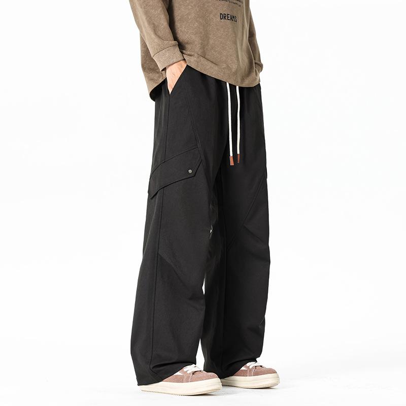 

Men s Khaki Multi Pocket Wide Leg Cargo Pants - Oversized Drawstring Streetwear Baggy Trousers M чёрный