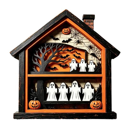 Halloween Wooden Table Sign Spooky House Shape Ghost Skeleton Block Sign Rustic Farmhouse E