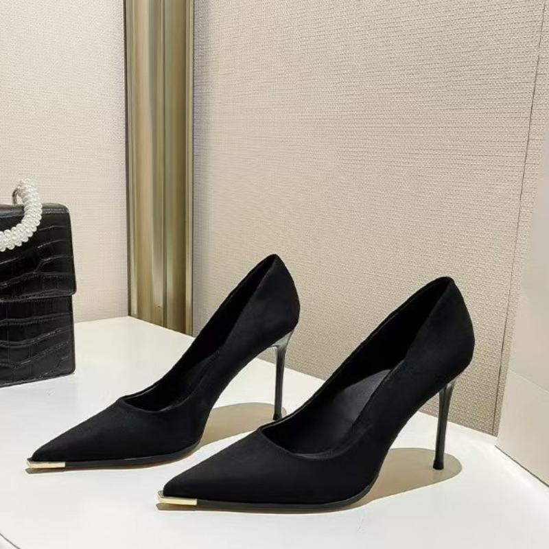 Fashion Women's Slim Heel Shoes Spring New Metal Pointed Shallow Mouth Suede Slip-on Wear Resistant High Heels
