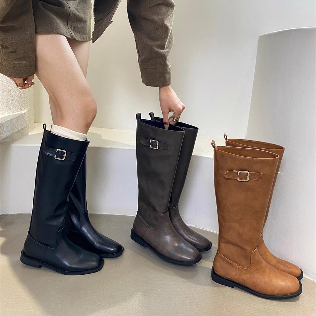 Flat-bottomed Korean Skinny Long Knight Boots Women's Shoes 2025 New Autumn and Winter Black Straight Boots Medium Long Boots