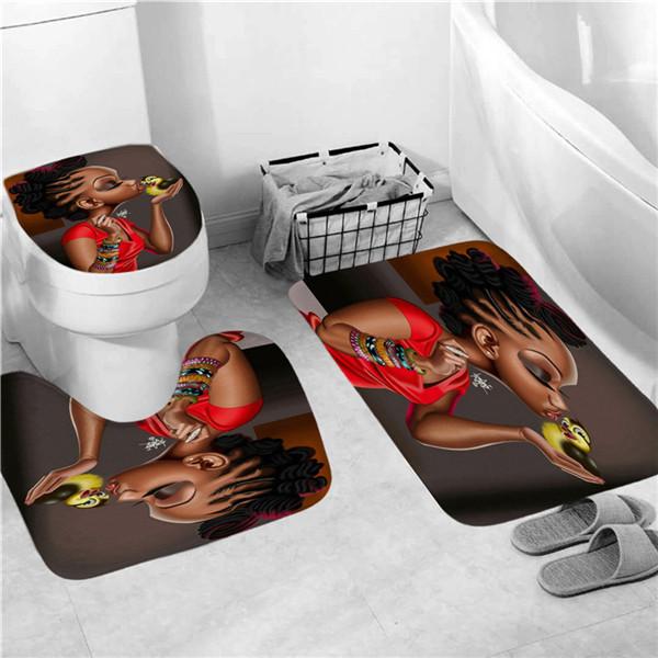 4PCS Full Set Bathroom Curtain Set Elegant African Black Woman Shower Curtain Hooks Modern Bath Mat Toilet Lid Cover Anti-slip Bath Mats