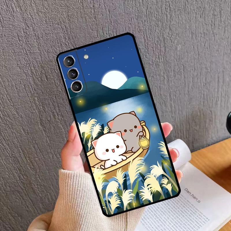 Cartoon Peach Mochi Cat Case For Samsung Galaxy S23 S22 S21 Ultra S9 S10 Note 10 Plus Note 20 Ultra S20 FE Cover Galaxy S21