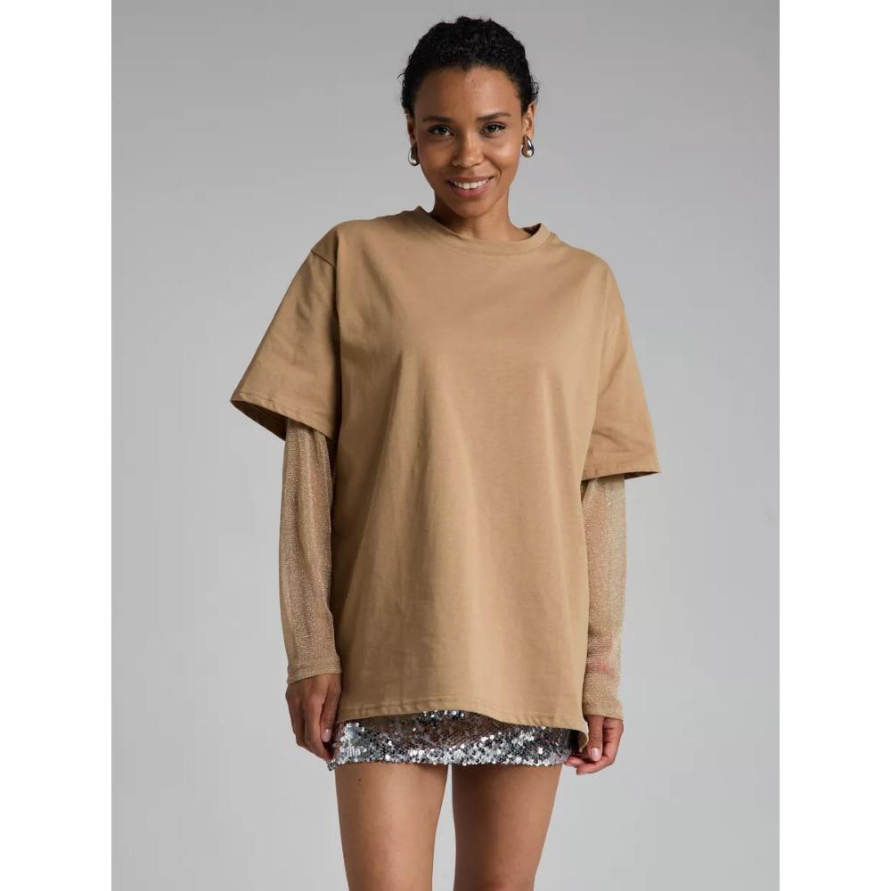 Hirsionsan Bavlněné tričko Dámské 2025 Léto Nadměrné Velikosti Patchwork z Jasného Hedvábí Dlouhý Rukáv Ležérní Volné Tričko Šik Dámské Topy