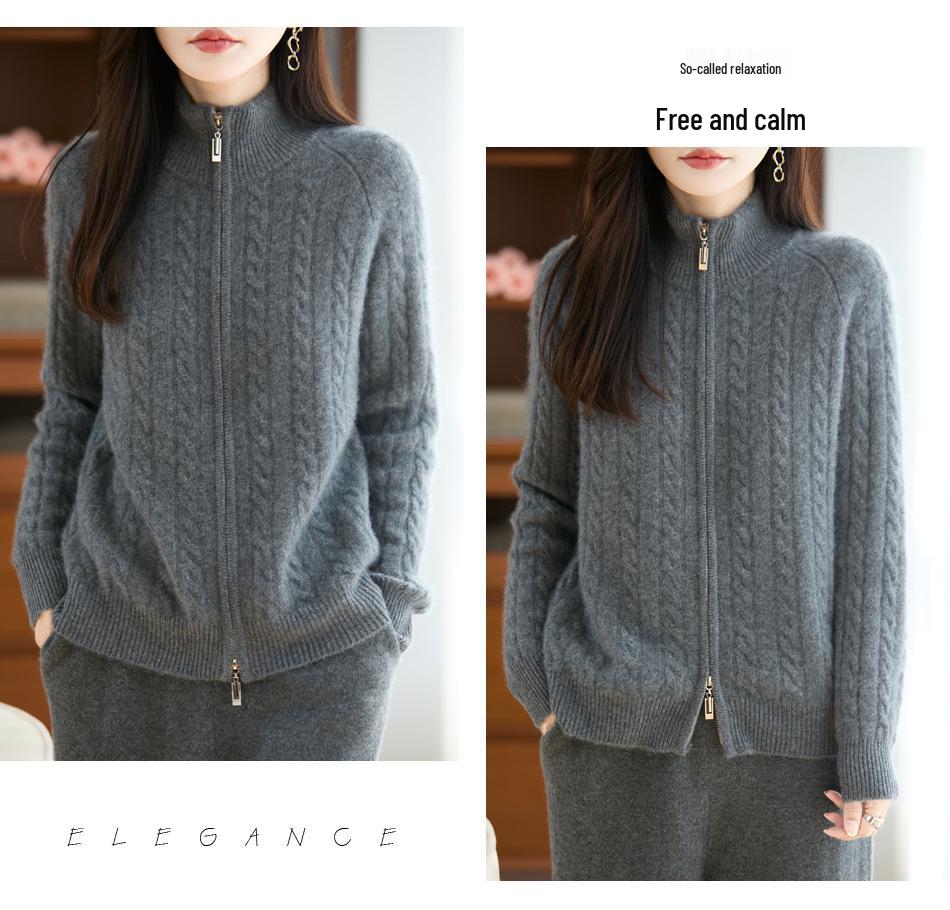 Niche Design Double Zipper Wool Cable Knit Cardigan - Vintage Style, Thick & Cozy for Fall/Winter