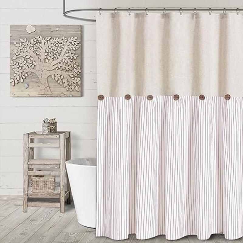 Cotton Linen Button Spliced Shower Curtain