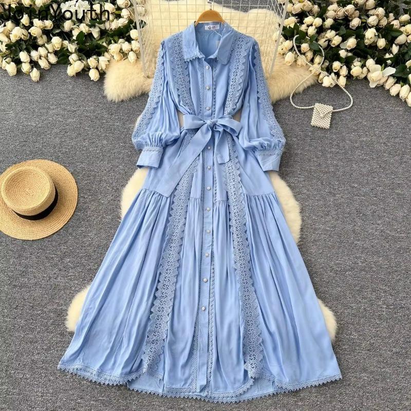 Bata Vintage para Mujer Cuello Vuelto Manga Linterna Vestido Encaje Vendaje Lazo Ajustado Gran Vuelo Vestidos Maxi Elegante Vestido Mujer