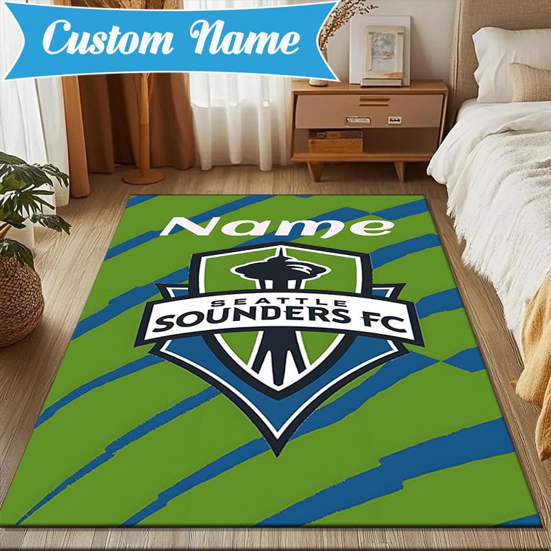 Custom Name Sounders FC Crest Rug Game Carpet, Floor Mat for Bedroom Living Room Entryway Rug, Home Decor Idea Gift for Christmas Birthday