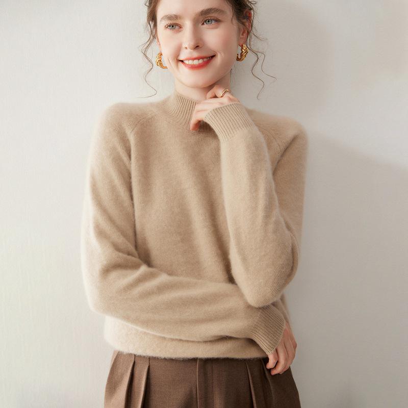 Women's Cashmere Double-Ply Thick Knit Sweater - Half-High Neck, Drop Shoulder, Versatile Solid Color, Autumn/Winter Warm Base Layer