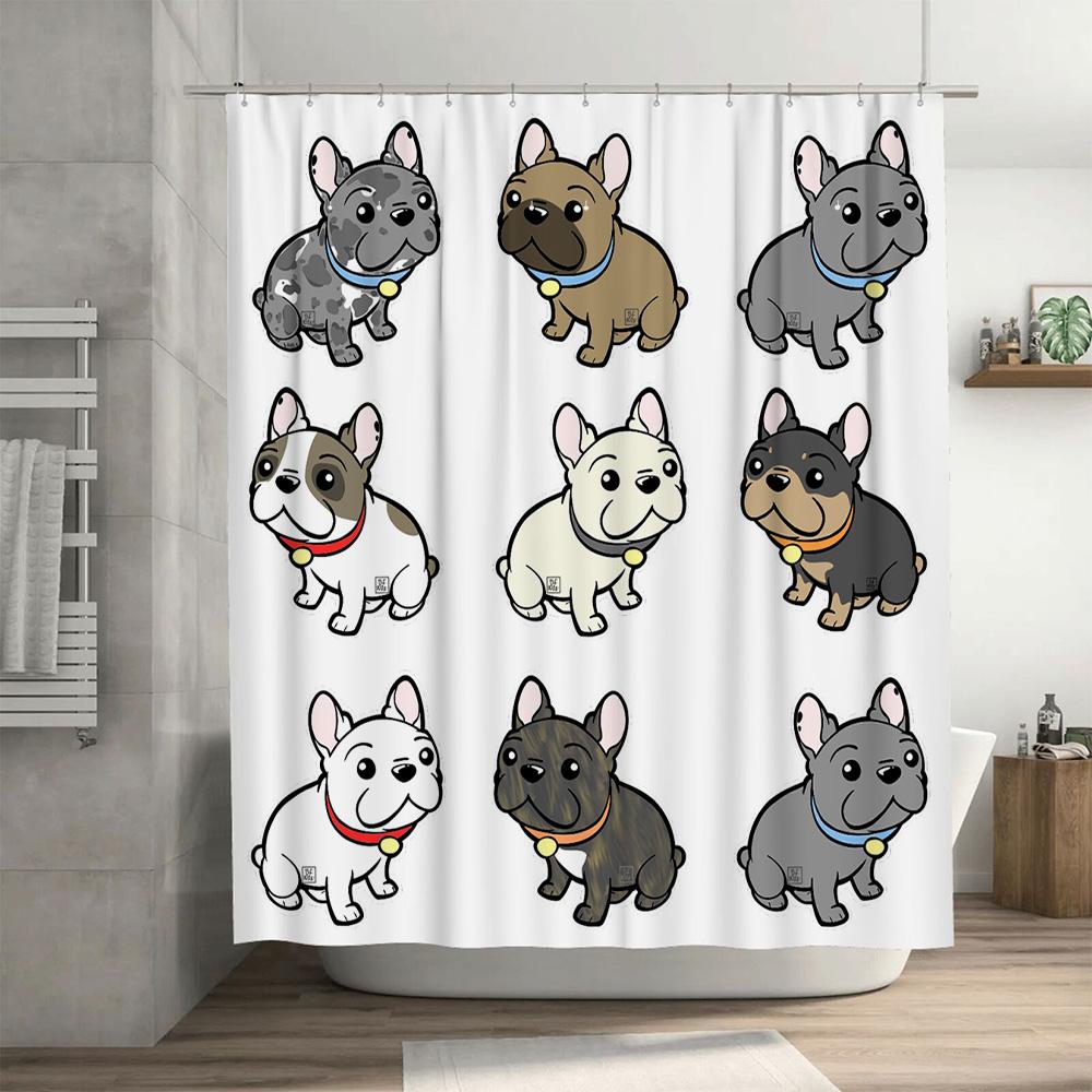Adorable Cartoon Dog Shower Curtain Set Multicolored French Bulldogs Decor Bathroom Fabric Water Resistant Shrinkproof Shower Cu